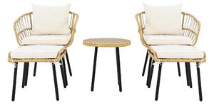 Set da giardino lounge a 5 pezzi, con 1 tavolo da pranzo, 2 sedie, 2 sgabelli, Bianco + Colore naturale