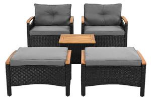 Set da balcone in rattan da esterno a 5 pezzi con 2 sedie, 2 sgabelli e 1 tavolo, Nero+Grigio