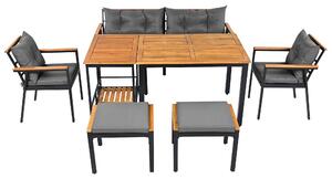 Set da pranzo da esterno con tavolo e sedie, composto da 2 sedie, 2 sgabelli, 1 divano a due posti, 1 tavolo e 1 versatile carrello da servizio, Nero+Grigio
