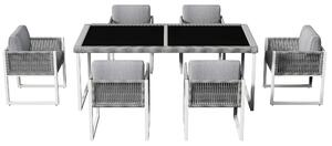 Set tavolo e sedie in rattan, con 1 tavolo e 6 sedie, piano del tavolo in vetro temperato, Grigio＋Bianco