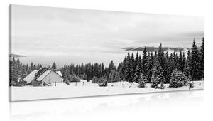 Quadro su tela – Casetta nella natura innevata in bianco e nero