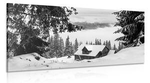 Quadro su tela – Casetta di legno tra pini innevati in bianco e nero
