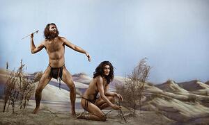 Illustrazione Prehistoric man next to woman kneeling, Rebecca Handler