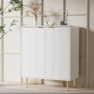 Credenza con 2 ante, 3 ripiani, 6 scomparti, piedi e maniglia dorati, motivo floreale, per soggiorno, bagno e camera da letto, 75L x 40P x 90A, Dorato + Bianco