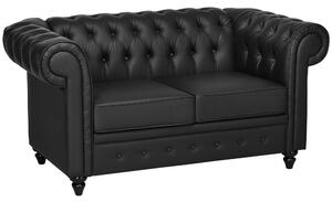 HOMCOM Moderno Divano Due Posti Stile Chesterfield in Ecopelle Nero con Gambe in Legno e Struttura Solida