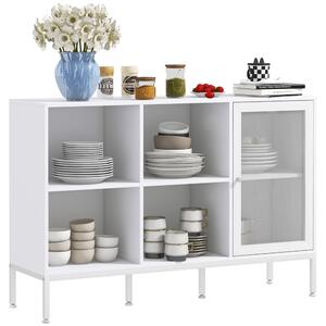 HOMCOM Mobile Buffet con 4 Ripiani Aperti e Armadietto, in Truciolato e Acciaio, 120x37x81.5 cm, Bianco|Aosom