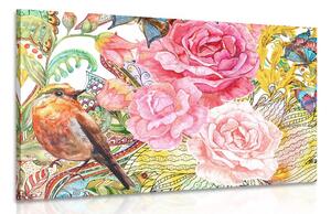 Quadro su tela – Uccellino vintage con fiori