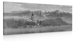 Stampa su tela – Chiesa sul lago Bled in Slovenia in bianco e nero
