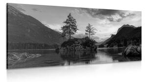Stampa su tela – Paesaggio montano sul lago in bianco e nero