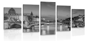 Quadri 5 pezzi – Panorama di Parigi abbagliante in bianco e nero