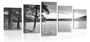 Quadri 5 pezzi – Tramonto sul lago in bianco e nero