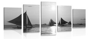Quadri 5 pezzi – Splendido tramonto sul mare in bianco e nero