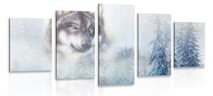 Quadri 5 pezzi – Lupo nel paesaggio innevato