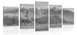Quadri 5 pezzi – Chiesa sul lago di Bled in Slovenia in bianco e nero