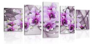 Quadri 5 pezzi – Fiori viola su sfondo astratto