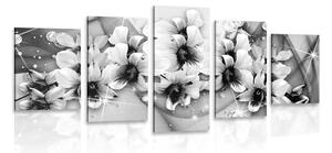 Quadri 5 pezzi – Fiori in bianco e nero su sfondo astratto