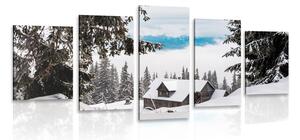 Quadri 5 pezzi – Casetta di legno tra pini innevati