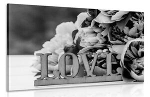 Stampa su tela – Peonie con scritta Love in bianco e nero