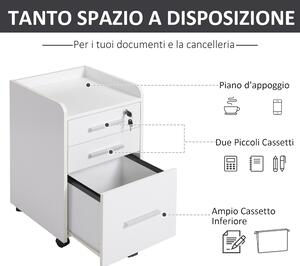 HOMCOM Cassettiera Portadocumenti da Ufficio con 3 Cassetti, Ripiano, 5 Ruote, Bianco, 39.2 x 40 x 65.4cm