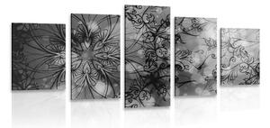 Quadri 5 pezzi – Mandala floreale in bianco e nero