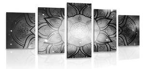 Quadri 5 pezzi – Mandala con sfondo galassia in bianco e nero