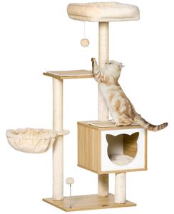 AllMyPets Albero Tiragraffi per Gatti con Grattatoi Multi-Accessori Cuccetta Amaca Cestello Cuscini Rimovibili Altezza 126 cm Peluche Sisal Natural