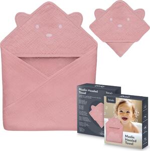 Lionelo Asciugamano con Cappuccio in Mussola 100% Cotone per Neonato Accappatoio colore Pink Baby - Muslin Hooded Towel