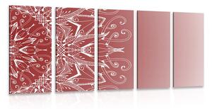 Quadri 5 pezzi – Mandala bianco su sfondo bordeaux