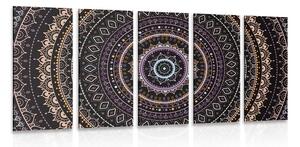 Quadri 5 pezzi – Mandala con motivo del sole in tonalità viola