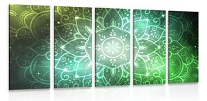 Quadri 5 pezzi – Mandala con sfondo galattico in tonalità di verde
