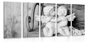 Quadri 5 pezzi – Statuette di angeli su una panchina in bianco e nero