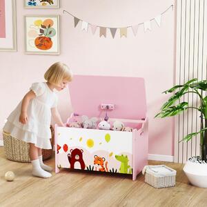 DecHome Baule Portagiochi per Bambini con Cerniere di Sicurezza in Legno con Disegni di Animali, 60x37x39 cm colore Rosa