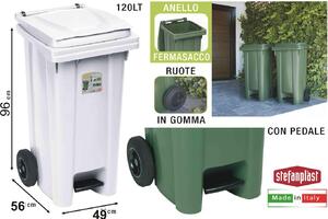STEFANPLAST Bidone Spazzatura Pattumiera Rifiuti Carrellato 120 Litri con Pedale colore Bianco cm 54.5x49.5x94h - 25707