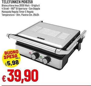 Telefunken Bistecchiera Elettrica Doppia Piastra Antiaderente Potenza 2000 Watt colore Inox - M08359
