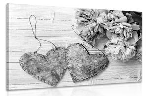 Stampa su tela – Peonie e cuoricini di betulla in bianco e nero