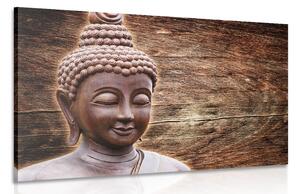 Stampa su tela – Statua del Buddha su sfondo di legno
