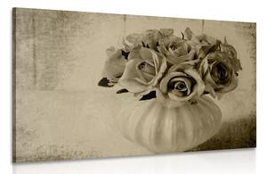 Quadro su tela – Rose nel vaso in versione seppia