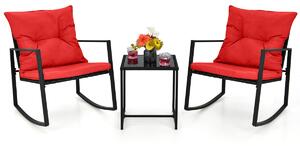 Costway Set mobili da esterno in vimini con tavolino da caffè, Set di 3 pezzi da bistro con cuscini morbidi Rosso