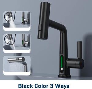 Rubinetteria da bagno - Rubinetto per lavabo - Doccetta estraibile con 3 funzioni - Display digitale - Miscelatore monocomando caldo/freddo - Cartuccia in Vetroceramica - Nero opaco
