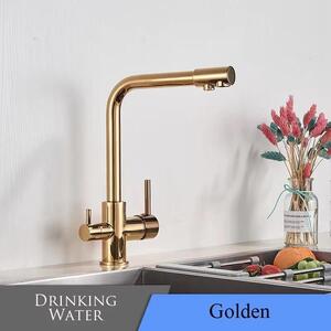 Rubinetto da cucina con filtro - Rubinetto a 3 vie - Acqua calda e fredda - Acqua potabile - A due maniglie - Montaggio a incasso in un unico foro - Ottone - Oro