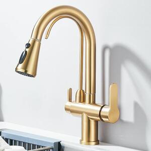 Rubinetto da cucina - Miscelatore a 3 vie - Doccetta estraibile - Orientabile a 360° - Per acqua filtrata - A due maniglie - Ottone - Oro spazzolato