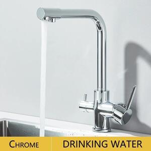 Rubinetto da cucina per acqua filtrata - Rubinetto a 3 vie - Doppia maniglia - Caldo/freddo - Montaggio a incasso su piano - Bocca orientabile - Ottone, cartuccia in Vetroceramica - Cromo