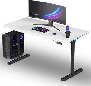 Ultradesk QUEST - Nero/Bianco - Scrivania da gaming con regolazione elettronica dell'altezza e illuminazione LED RGB prismatica, piano di 140x70 cm