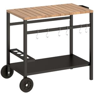 Outsunny Carrello per Barbecue a 2 Livelli Carrello Ausiliare per Barbecue Mobile con Ruote Porta Bevande Ganci Maniglia Nero e Marrone | Aosom Italy