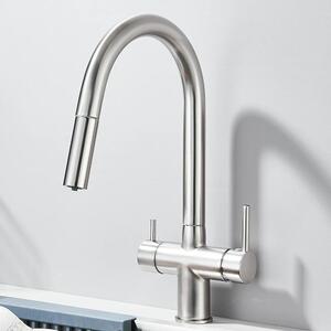 Rubinetto da cucina - Per acqua potabile filtrata - Doccetta estraibile - Due maniglie - Caldo/freddo - Orientabile a 360° - Montaggio monoforo - Nichel spazzolato, grigio chiaro