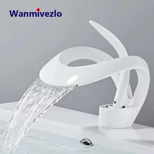 Miscelatore per lavabo - Modello a cascata con pannello in vetro - Versione corta - Montaggio a pavimento - Monoforo - Monocomando - Acqua calda/fredda - Valvola in Vetroceramica - Bianco