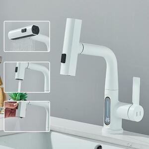 Rubinetto per lavabo da bagno - Miscelatore monoforo - Indicatore digitale della temperatura - Getto a cascata/a spruzzo - Monocomando - Acqua calda e fredda - Cartuccia in Vetroceramica - Bianco