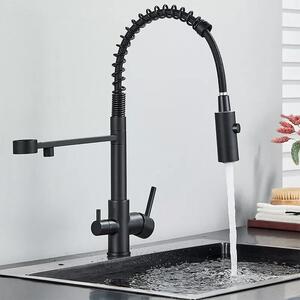 Rubinetto da cucina - Miscelatore - A due maniglie - Acqua calda e fredda - Doccetta estraibile - Per acqua potabile - Montaggio a 1 foro - Orientabile - Nero opaco