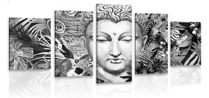 Quadri 5 pezzi – Buddha su sfondo esotico in bianco e nero