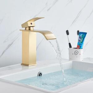 Rubinetto per lavabo - Modello a cascata - Montaggio a pavimento - Monoforo - Monocomando - Acqua calda e fredda - Cartuccia in Vetroceramica - Oro spazzolato